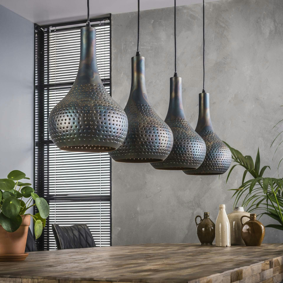 Suspension rétro en métal ajouté noir 4 lampes JAVA