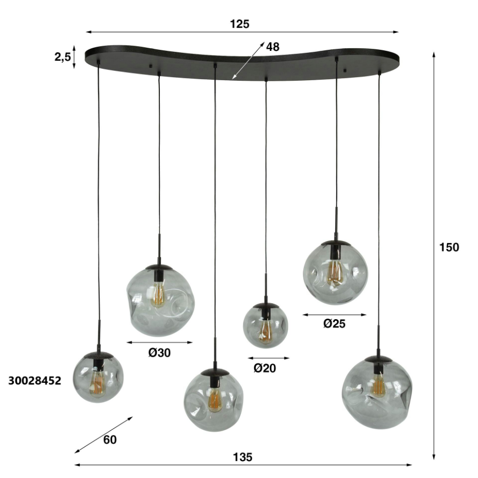 Suspension en verre fumé – 6 globes déformés NIAGARA