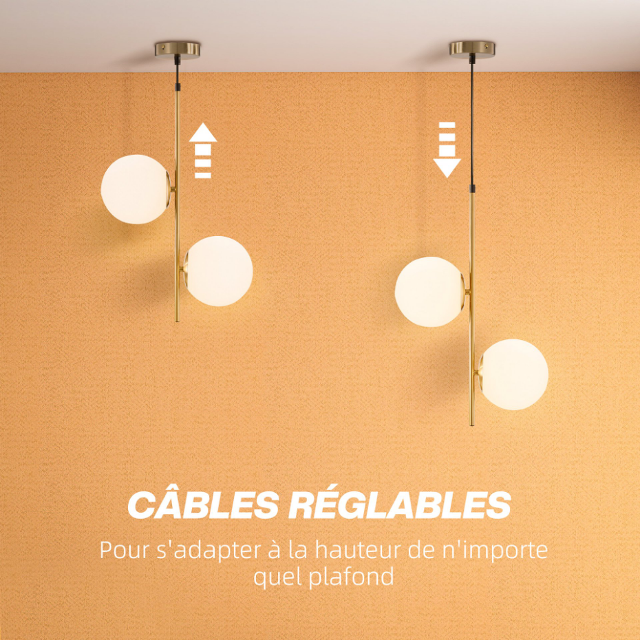 Suspension design néo-rétro 2 globes verre blanc opaque métal doré