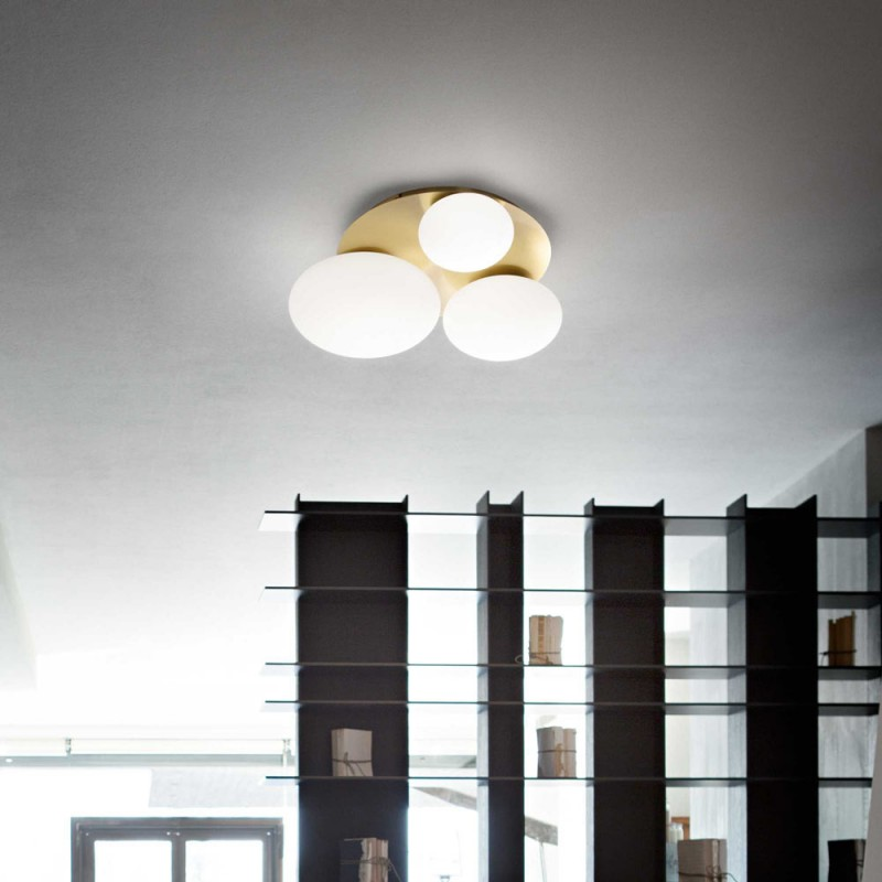 Plafonnier Ninfea En Laiton Et 3 Globes Verre