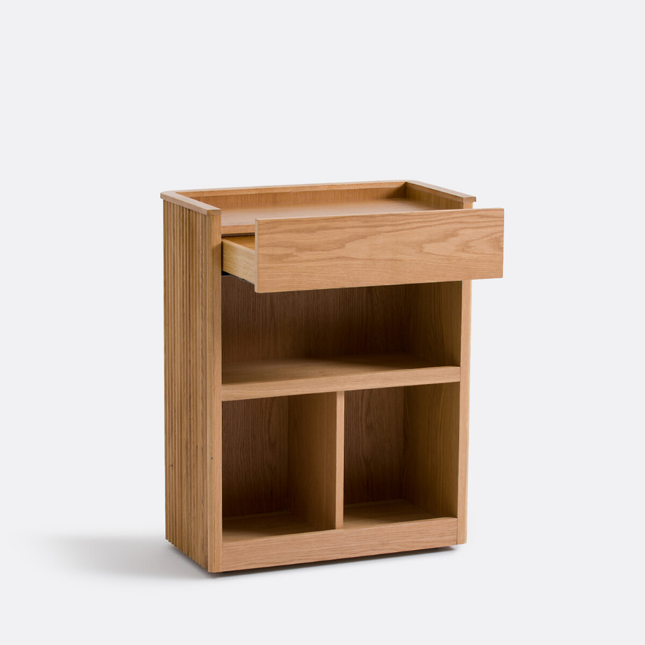 Console, rangement à roulettes, en plaqué chêne, Tamula