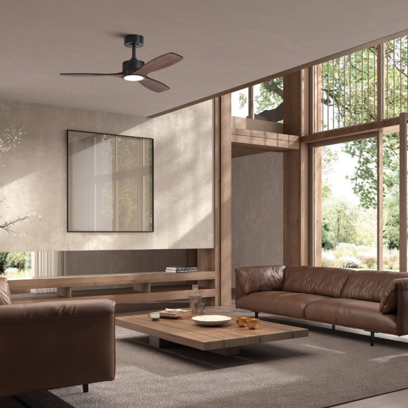 Ventilateur de plafond lumineux noir et bois foncé Santorini