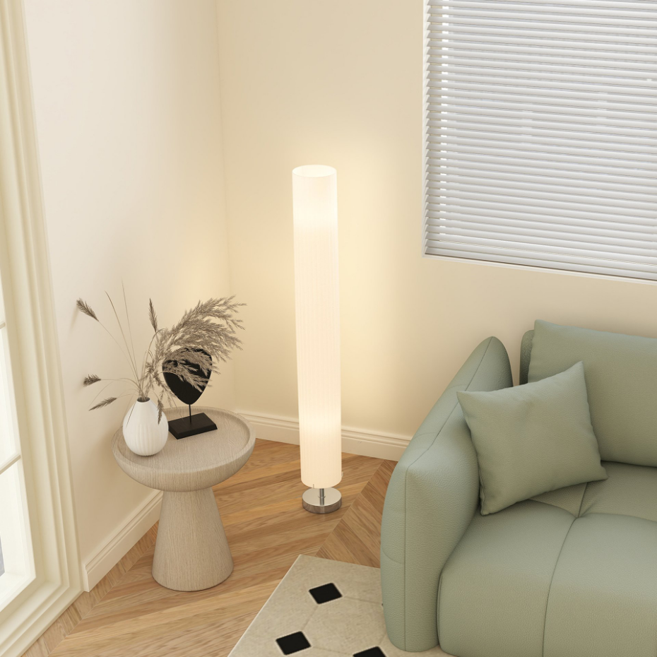Lampadaire colonne sur pied design H.120 cm acier inox tissu blanc