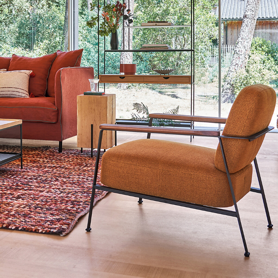 Fauteuil métal acier et tissu natté chiné, Abraxas