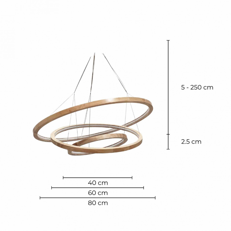 Suspension LED dimmable trois anneaux en bois d'Hévéa, CECLON