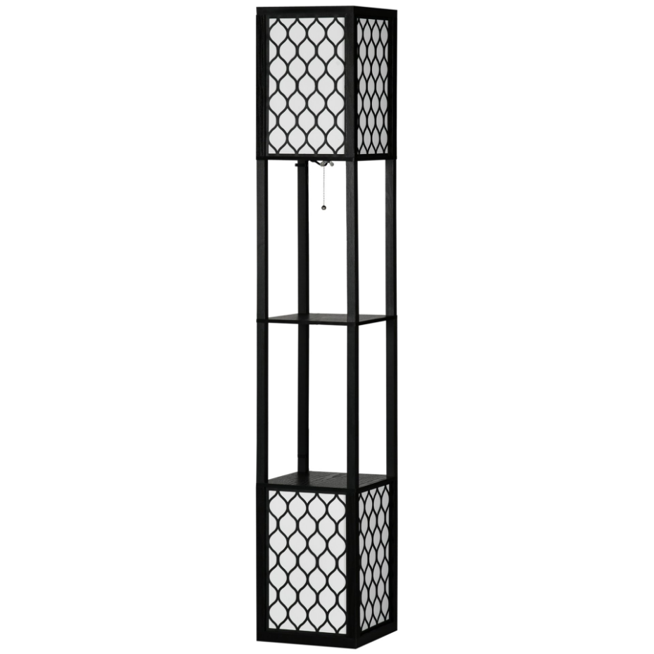 Lampadaire 2 étagères MDF abat-jour tissu motif nid d'abeille