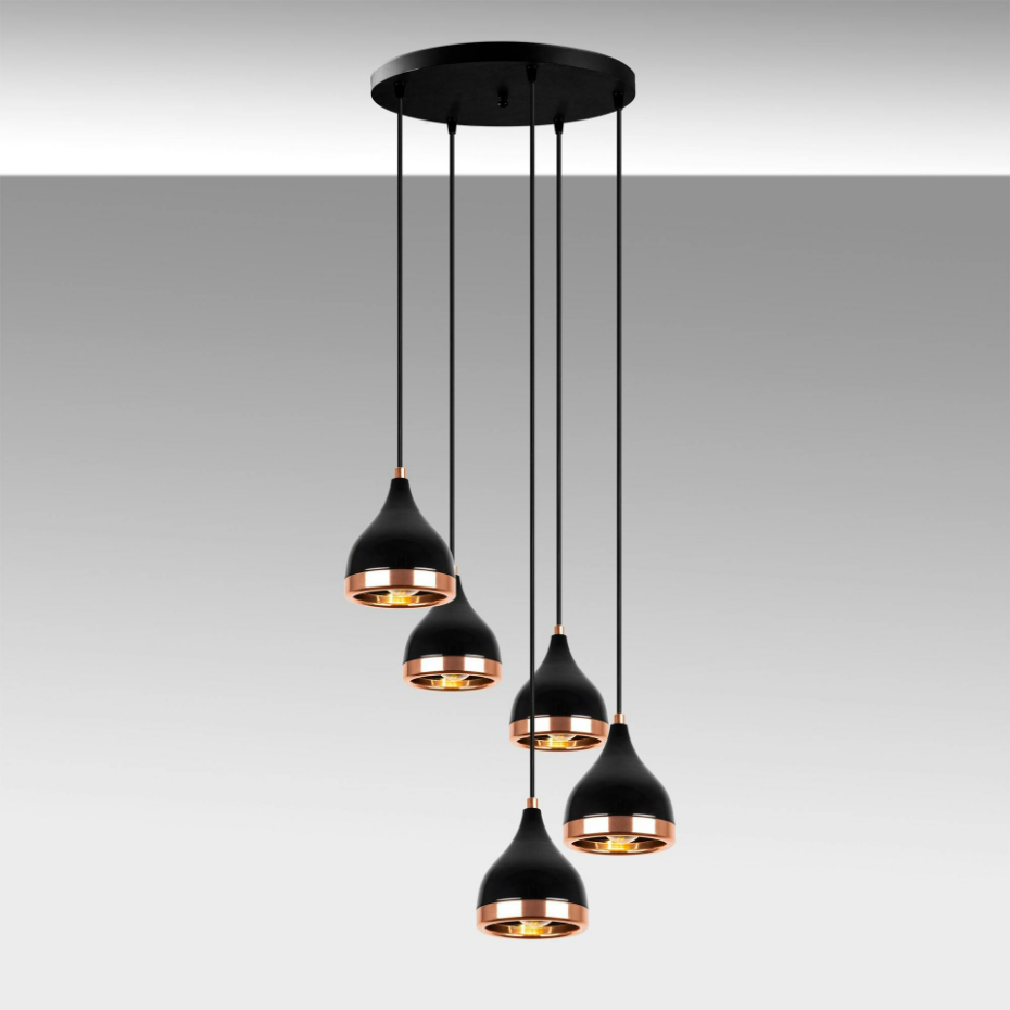 Suspension grappe moderne noire & cuivre, 5 abat-jour SILE