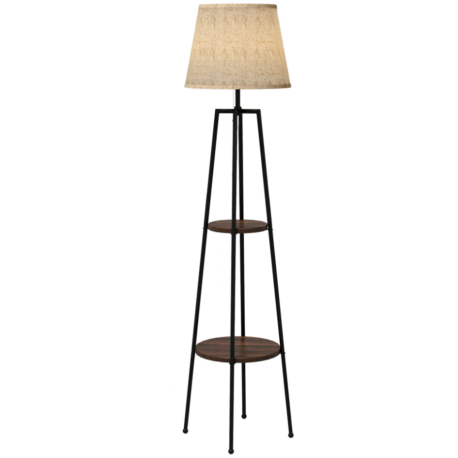 Lampadaire design contemporain 2 étagères 166H cm métal noir aspect bois noyer tissu beige
