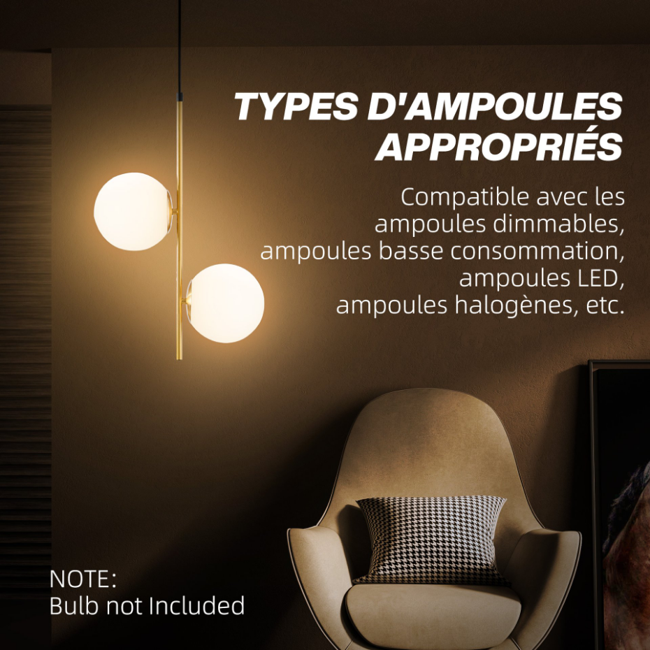 Suspension design néo-rétro 2 globes verre blanc opaque métal doré