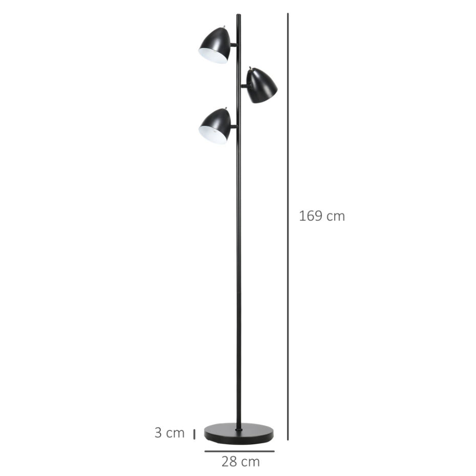 Lampadaire design industriel 3 abats-jours orientables acier noir
