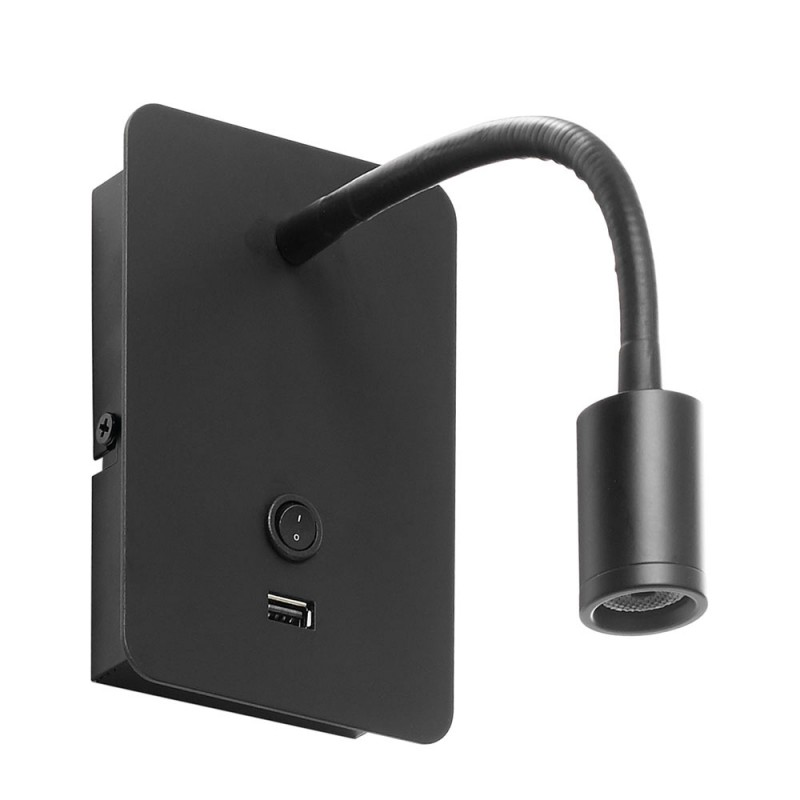 Applique Tête De Lit Noire Flexible Focus Avec Port Usb