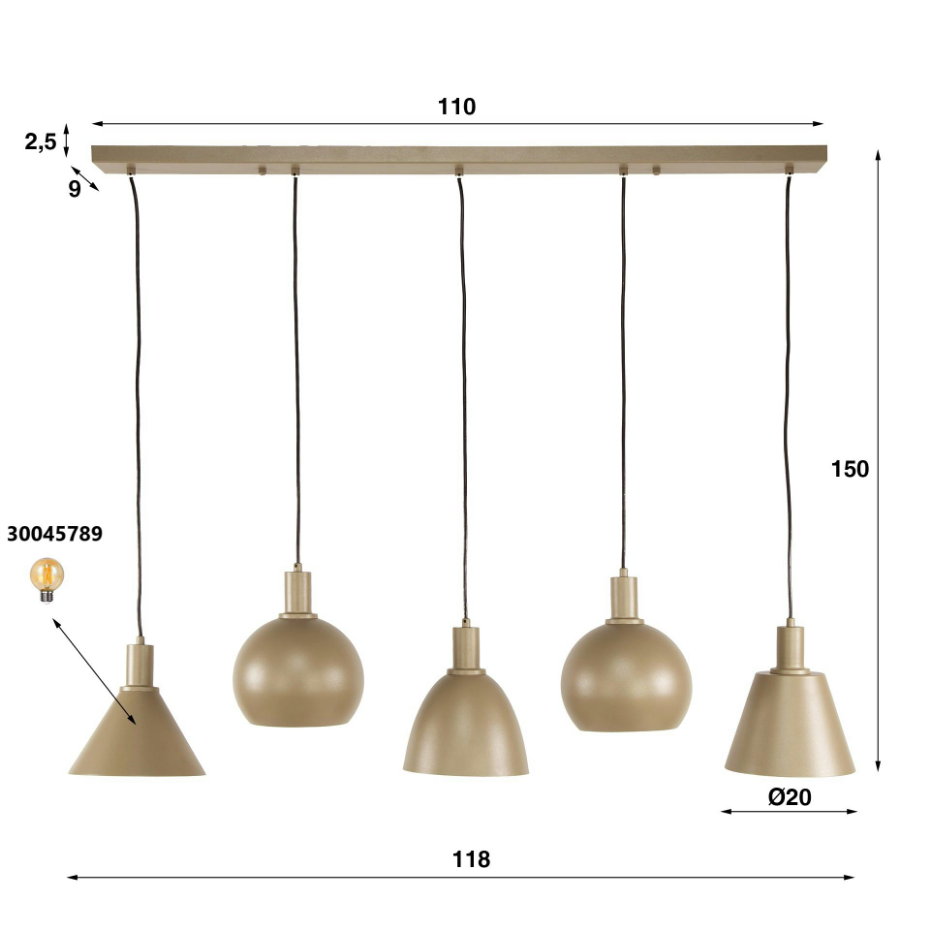 Suspension îlot cuisine 5 abat-jour métal beige TRIBECA