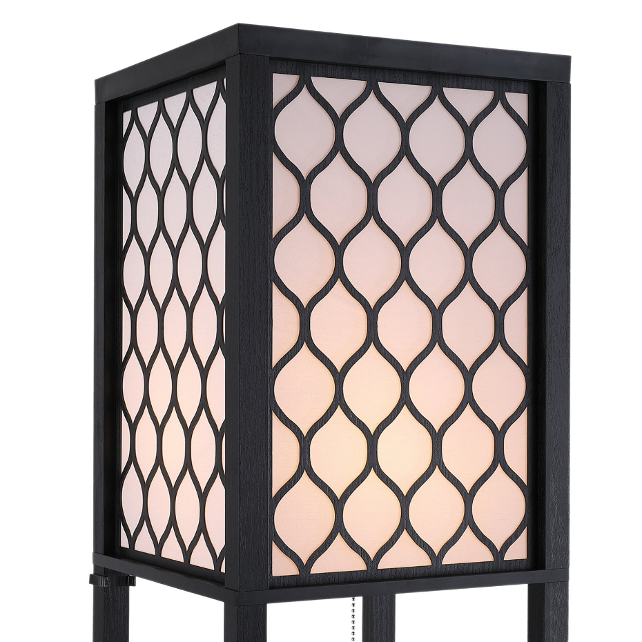 Lampadaire 3 étagères MDF noir abat-jour tissu motif nid d'abeille