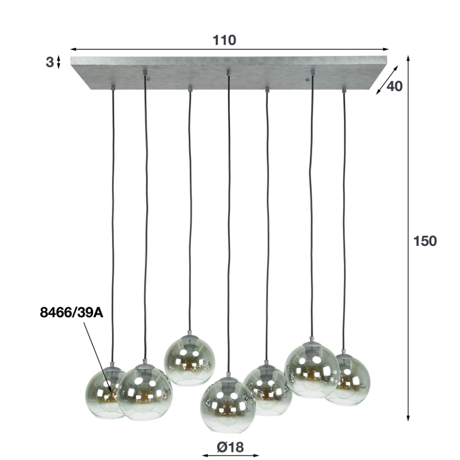 Suspension de table étagée en verre fumé 7 globes RALF