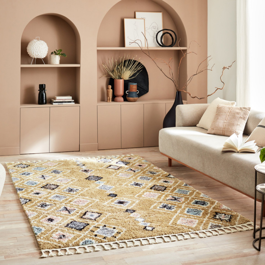Tapis de salon symétrique imitation laine à franges DELYA