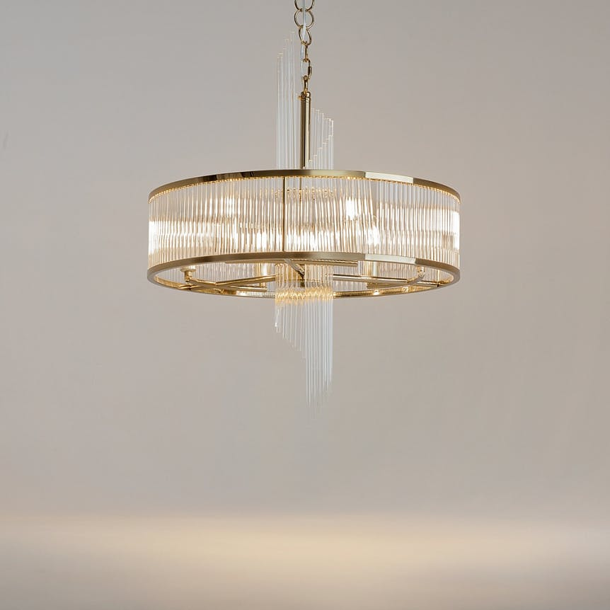 Suspension Art Déco – structure dorée et cascade verre ELMA
