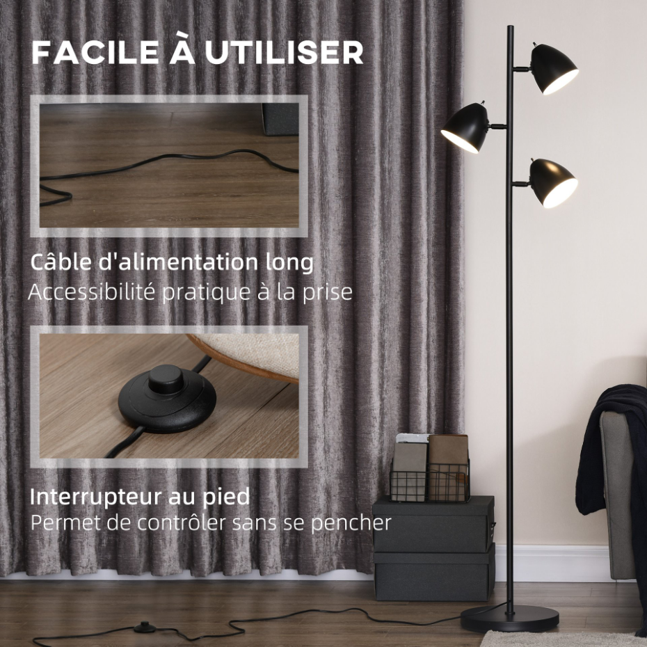 Lampadaire design industriel 3 abats-jours orientables acier noir