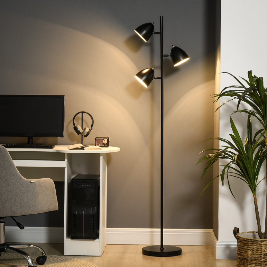 Lampadaire design industriel 3 abats-jours orientables acier noir