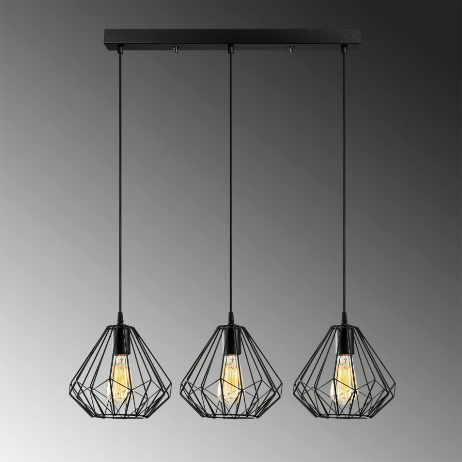 Suspension de table noire design diamant 3 abat-jour ERZIN