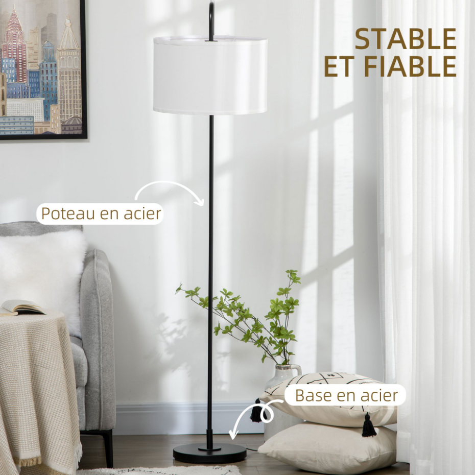 Lampadaire design néo-rétro 163H cm abat-jour aspect lin blanc acier