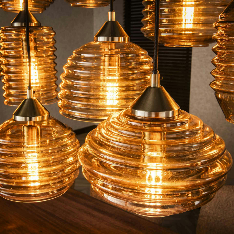 Suspension en verre strié 15 lampes ambrées NOVA