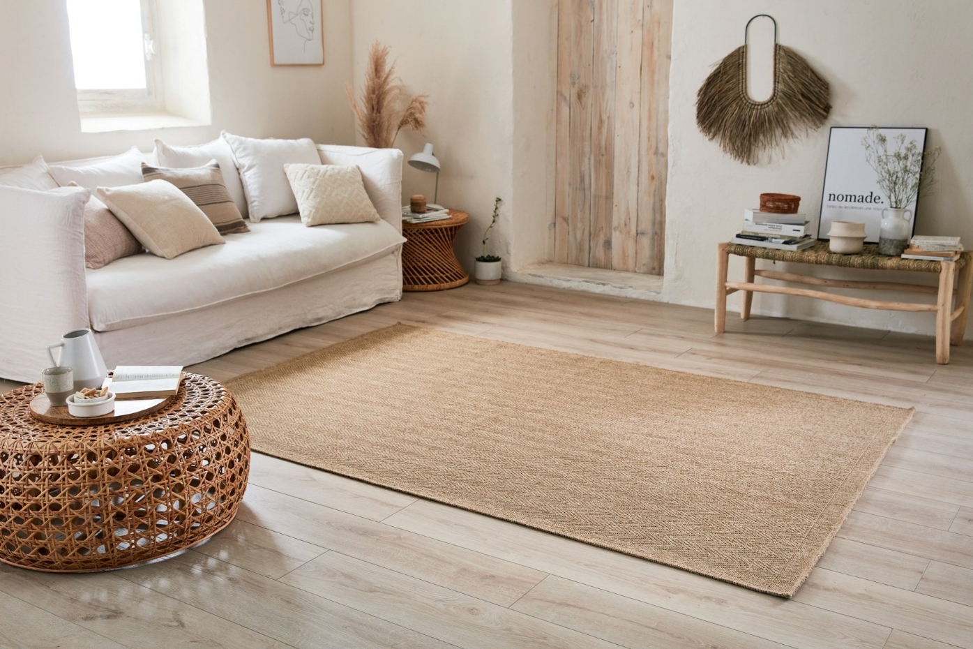 Tapis intérieur extérieur rond aspect jute motifs lignes NATURE