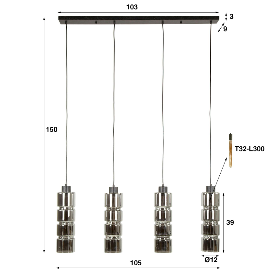 Suspension design en verre chromé 4 abat-jour cylindriques RALF