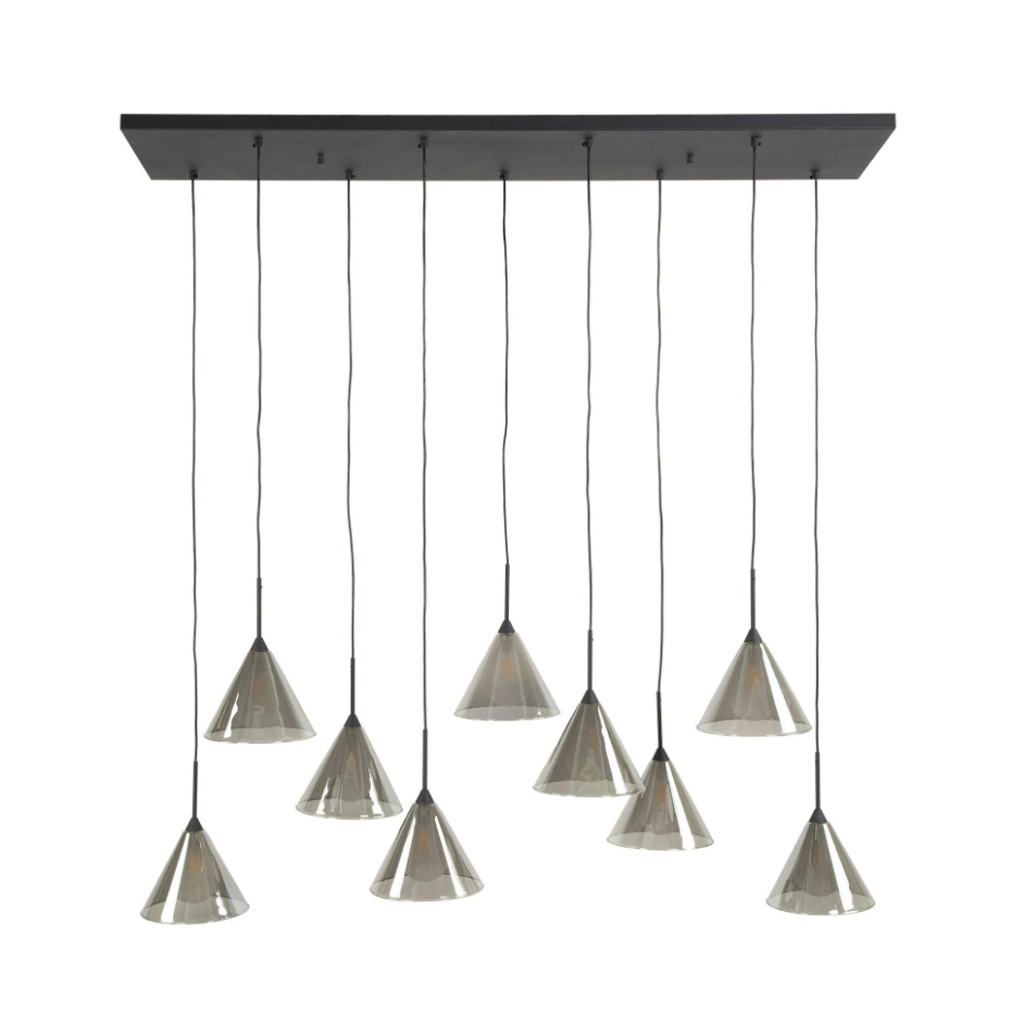 Suspension design en verre fumé 9 abat-jour coniques RALF