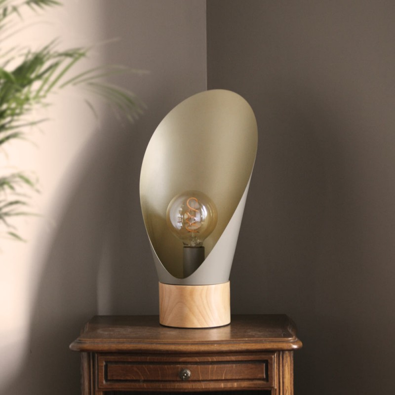 Lampe A Poser Spoon Xl Métal Gris Taupe Socle En Bois