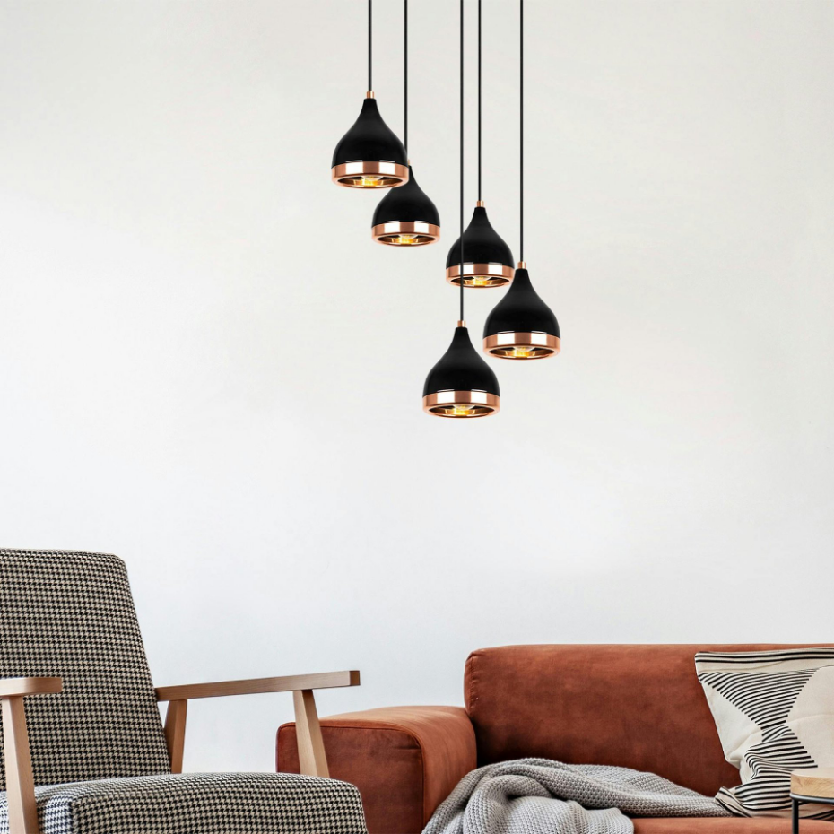 Suspension grappe moderne noire & cuivre, 5 abat-jour SILE