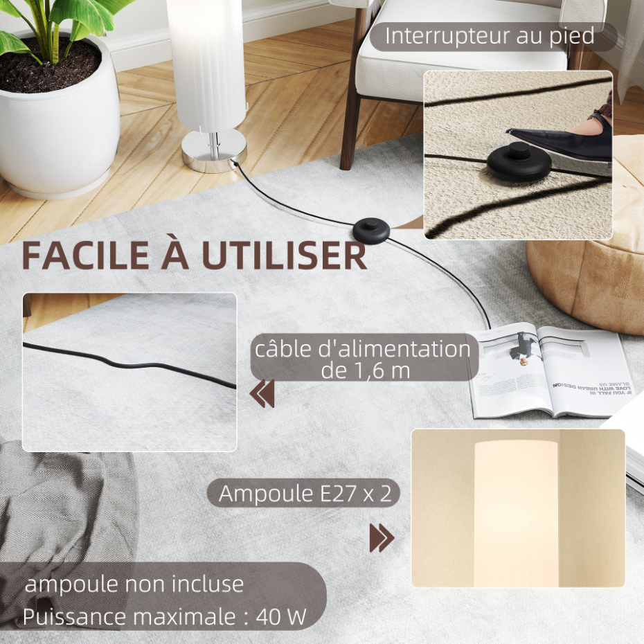 Lampadaire colonne sur pied design H.120 cm acier inox tissu blanc