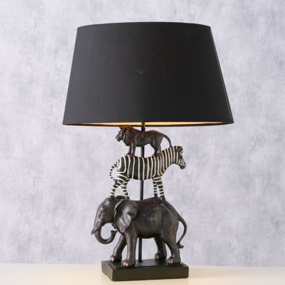 Lampe à poser résine noire animaux sauvages 43.5x26x64.5cm