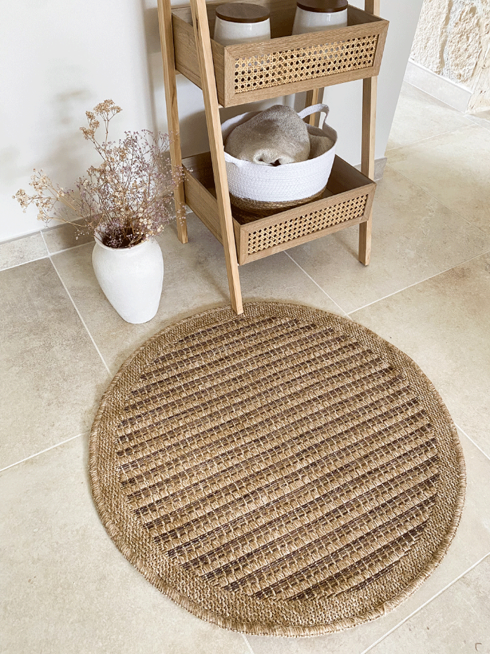 Tapis intérieur extérieur rond aspect jute motifs lignes NATURE