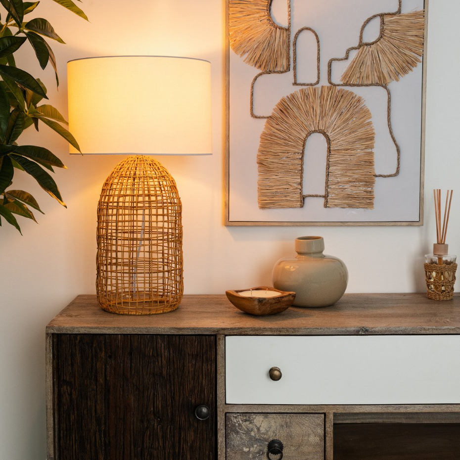 Lampe rotin tressé et tissu ethnique KARLA