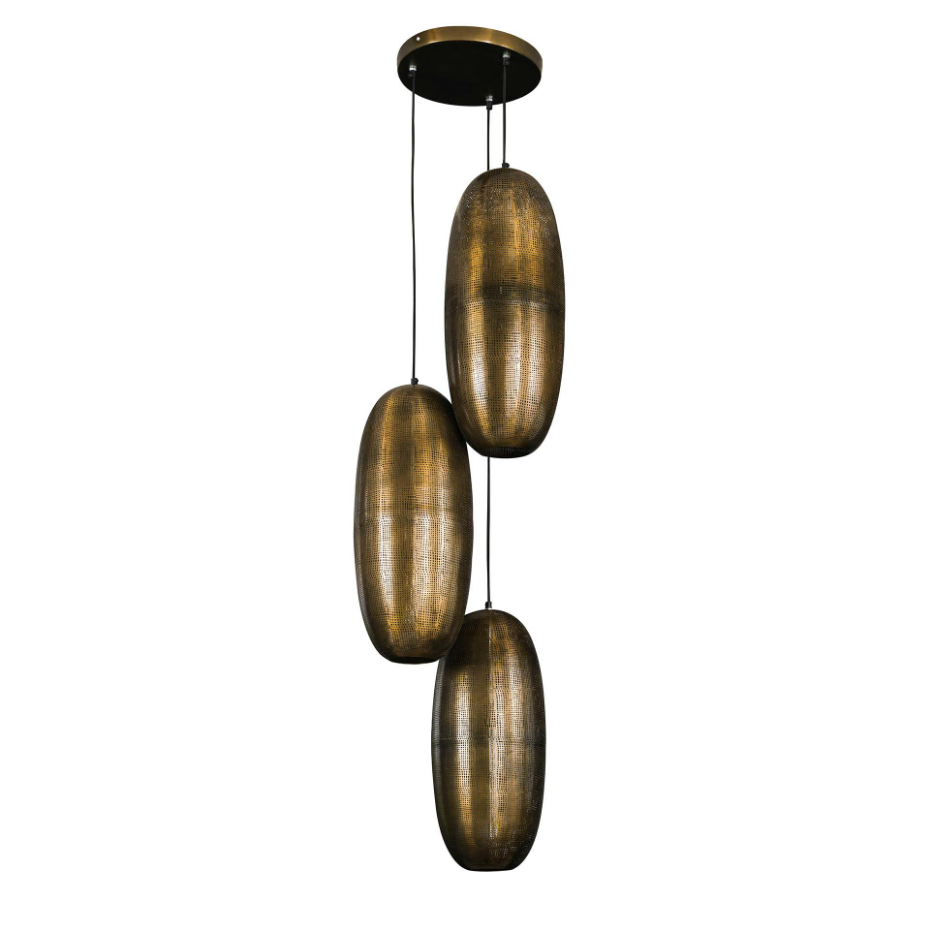 Suspension vintage 3 lampes cuivrées forme ellipse RALF