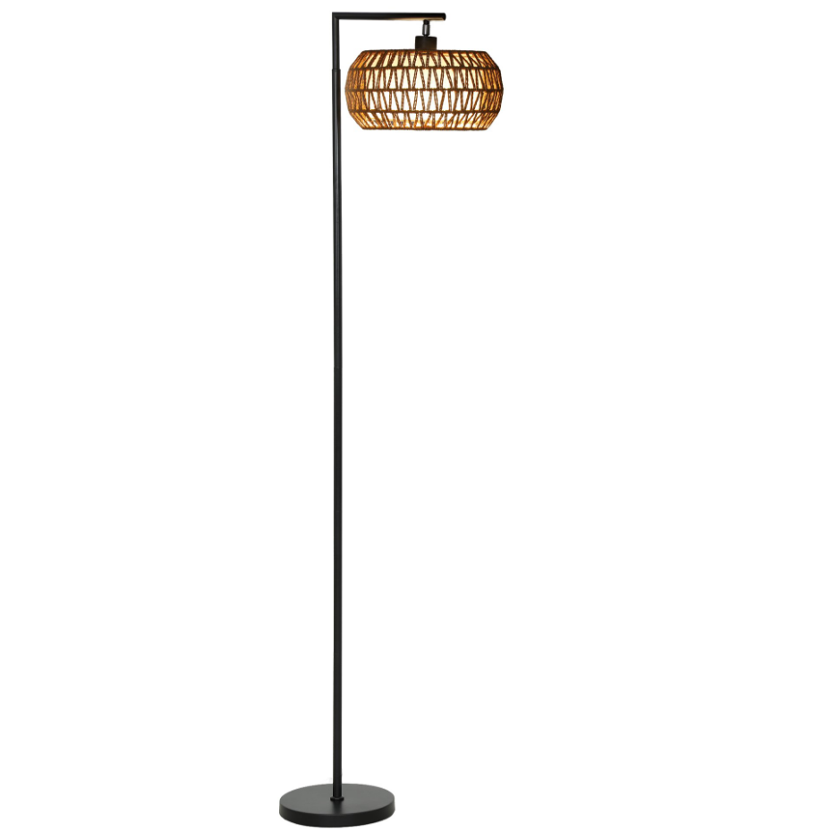 Lampadaire sur pied style bohème H.170cm métal noir tissu tressé