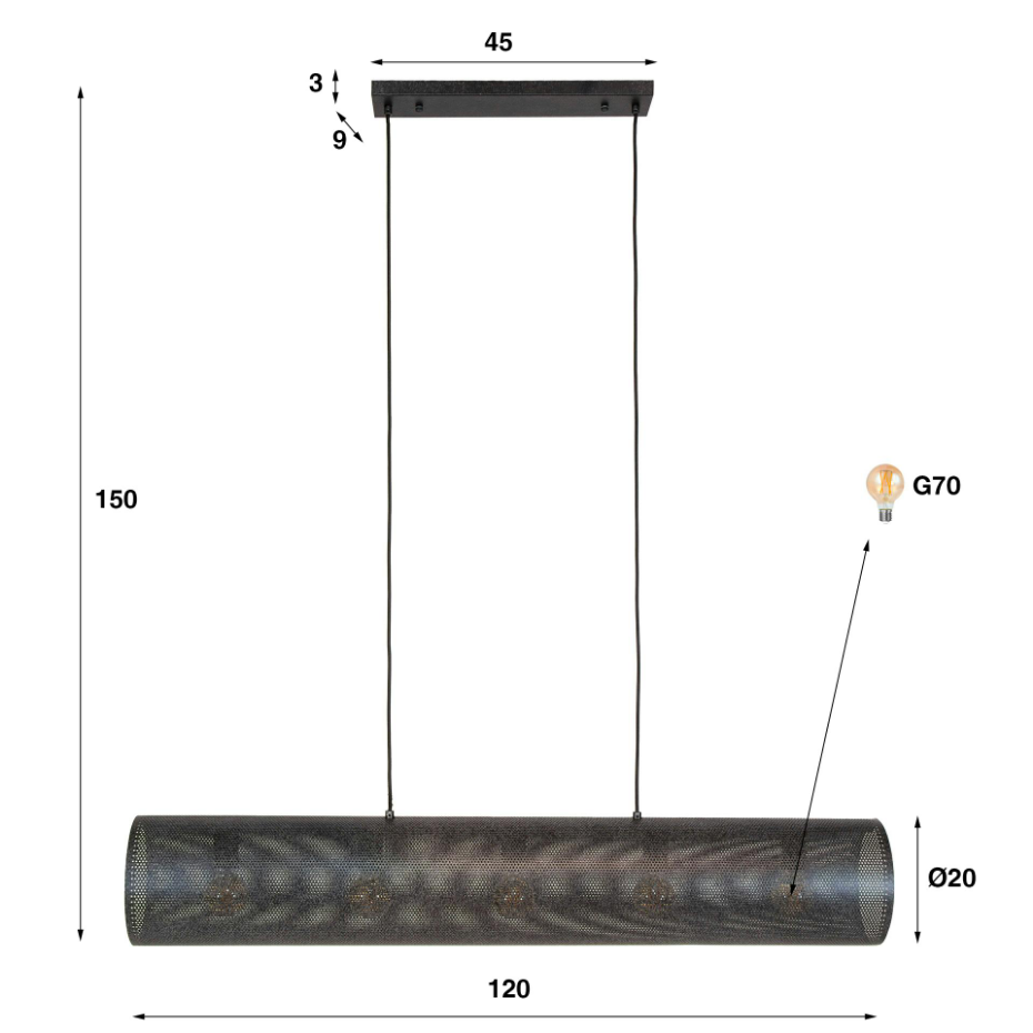 Suspension tube en métal noir perforé 5 lampes RALF