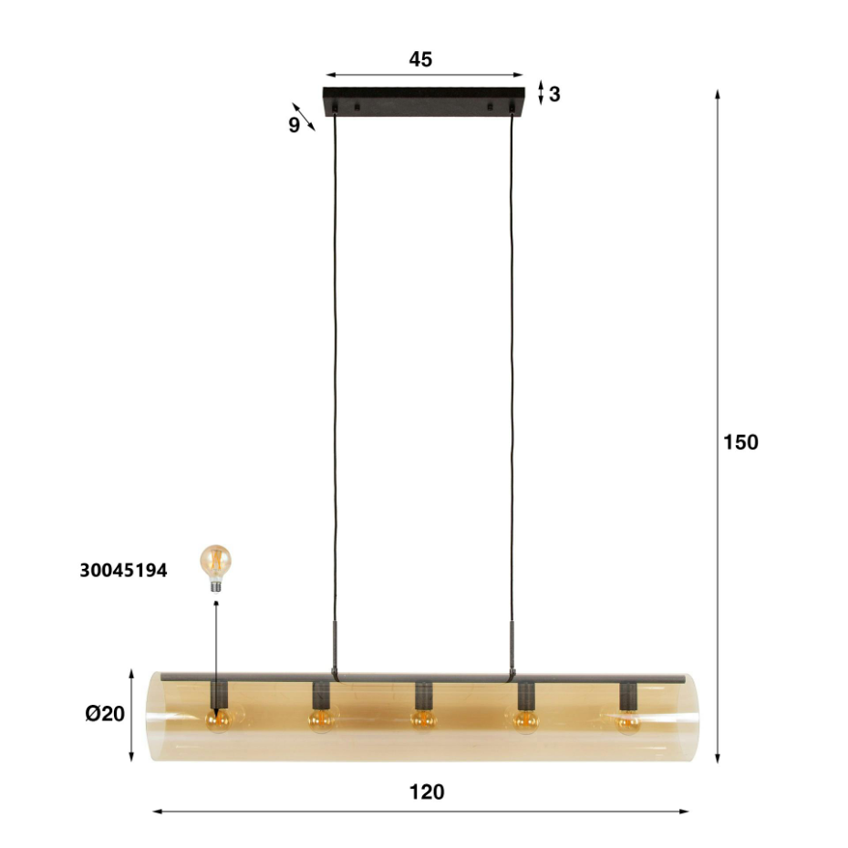 Suspension tube en verre ambré 5 lampes RALF