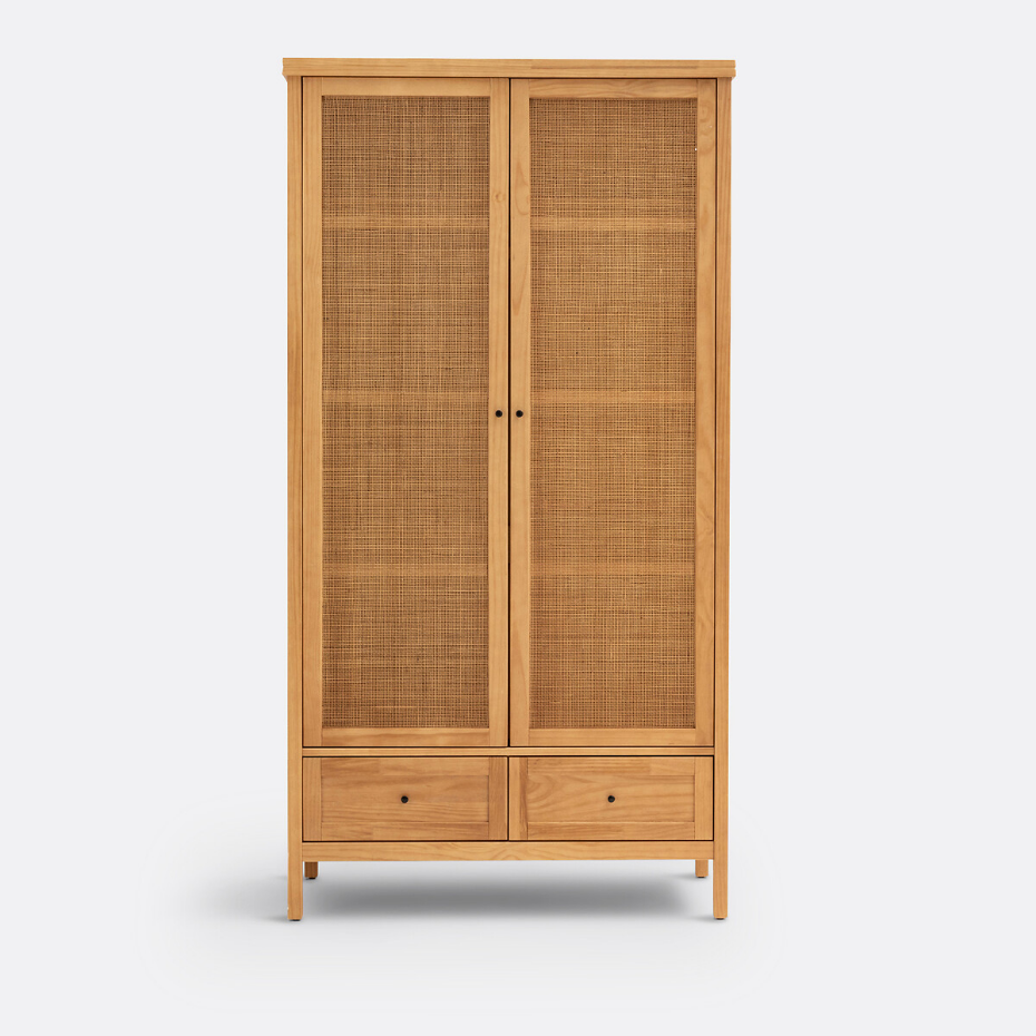 Armoire 2 portes pin massif et cannage, Gabin