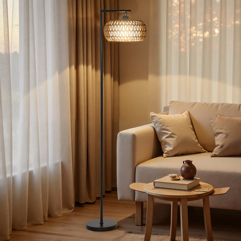 Lampadaire sur pied style bohème H.170cm métal noir tissu tressé