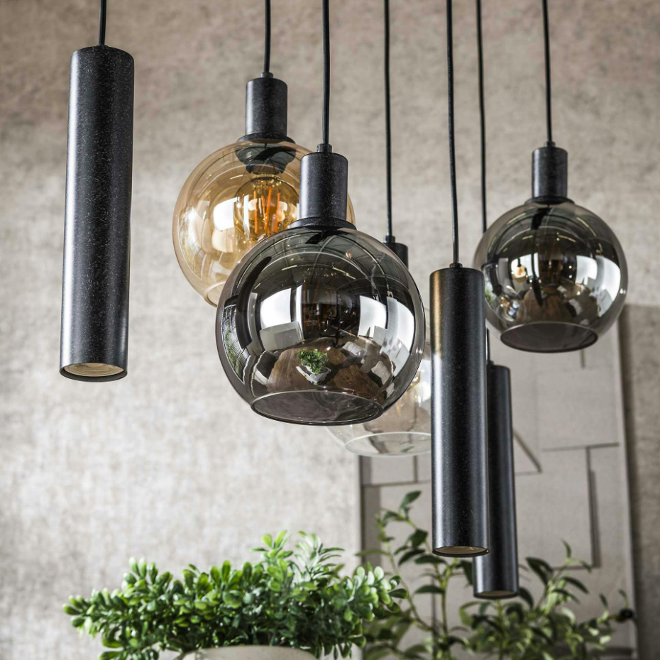 Suspension cuisine vintage - 4 globes verre, 3 cylindres NOVA