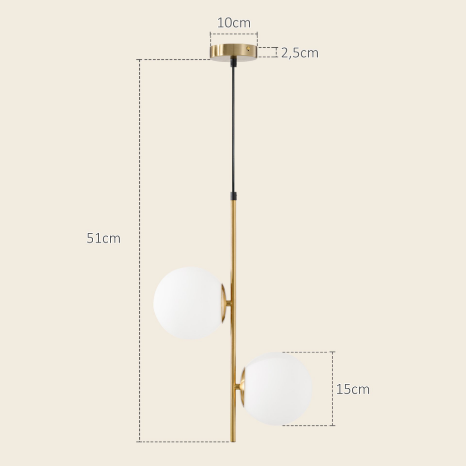 Suspension design néo-rétro 2 globes verre blanc opaque métal doré
