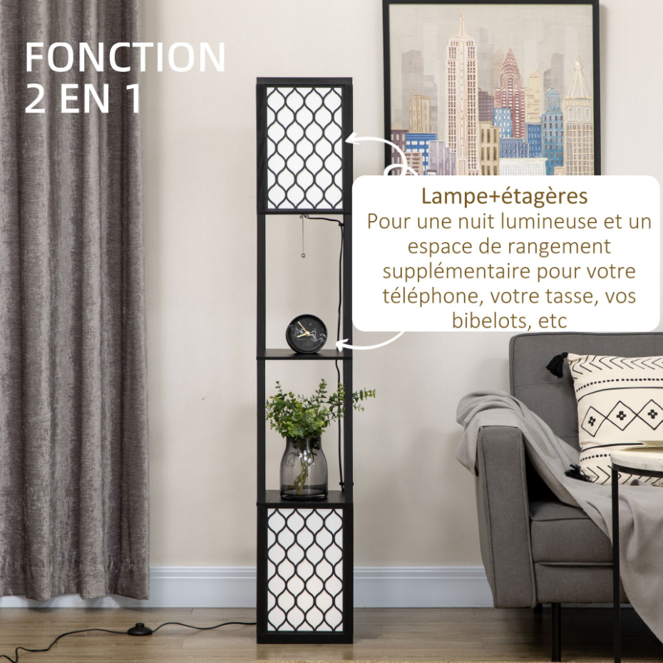 Lampadaire 2 étagères MDF abat-jour tissu motif nid d'abeille