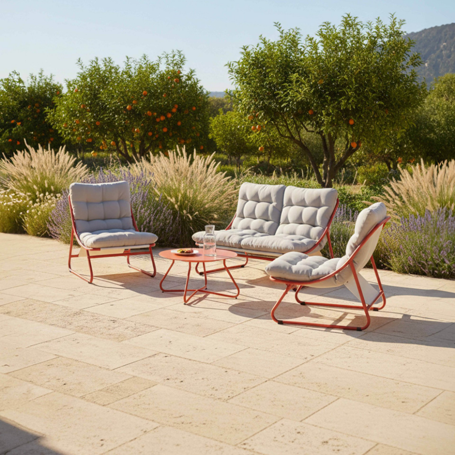 Salon de jardin 4 places en métal avec 1 canapé, 2 fauteuils et table basse, DUMBEA