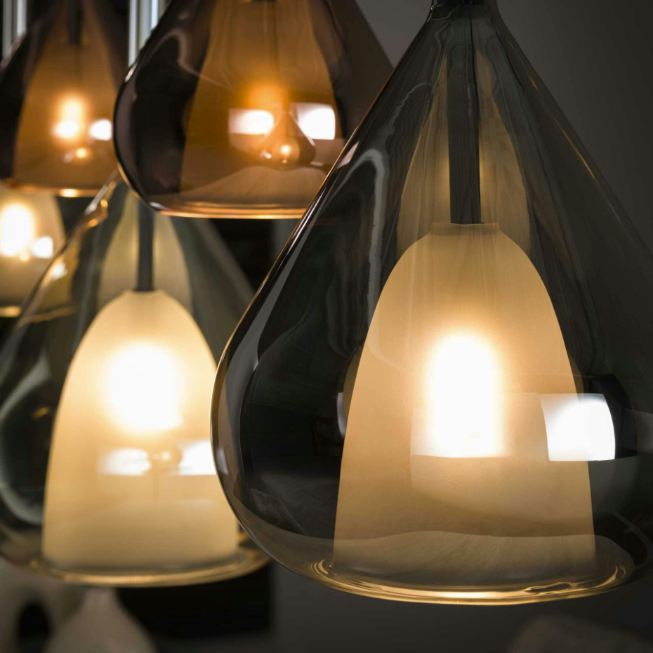 Suspension design verre 3 couleurs, 5 abat-jour goutte NIAGARA