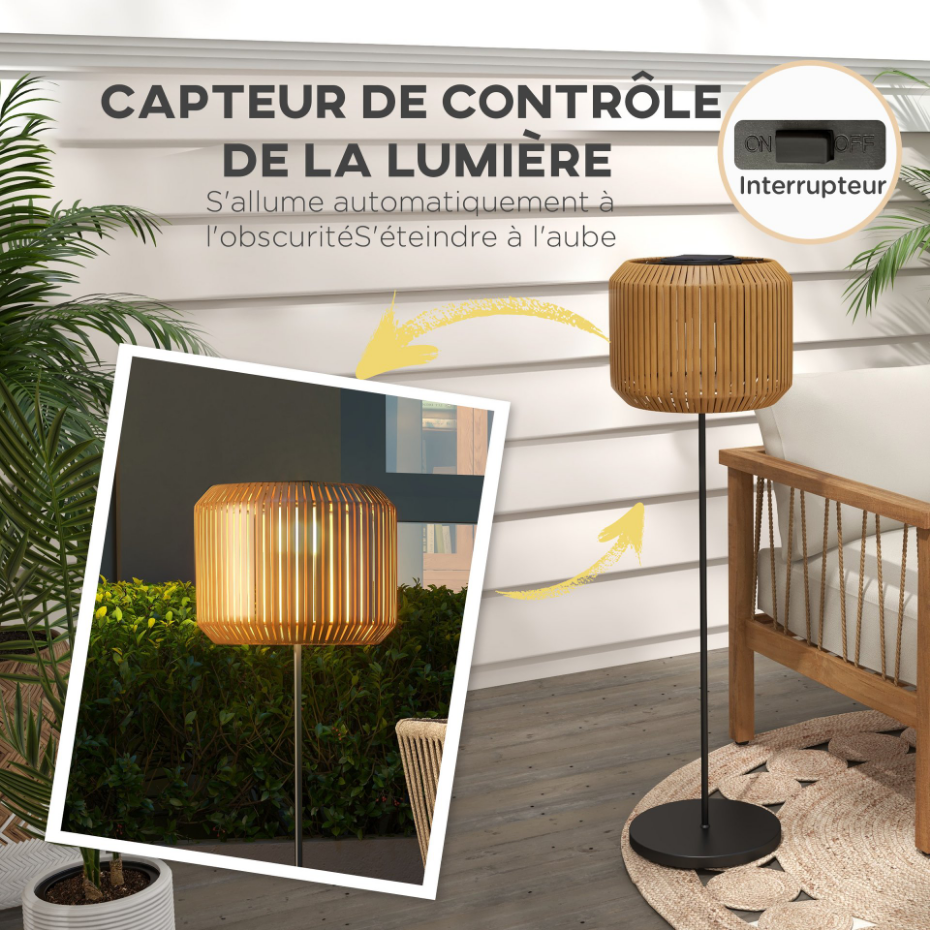 Lampadaire solaire LED style exotique H. 130 cm résine effet rotin