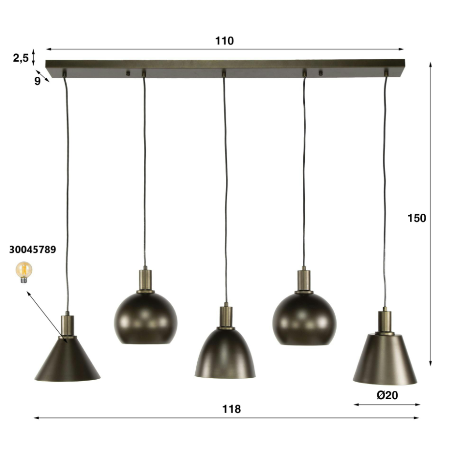 Suspension îlot cuisine 5 abat-jour métal brun TRIBECA
