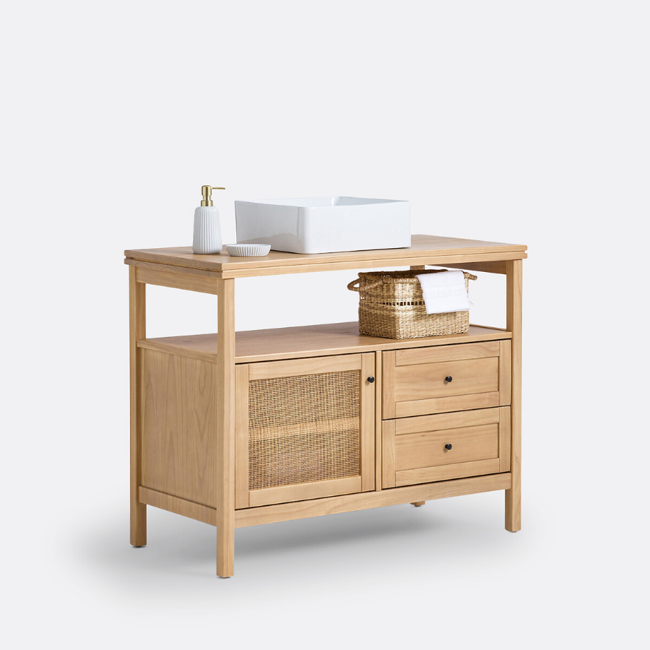 Meuble sous vasque pin et cannage L100 cm, Gabin