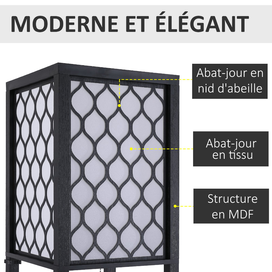 Lampadaire 3 étagères MDF noir abat-jour tissu motif nid d'abeille