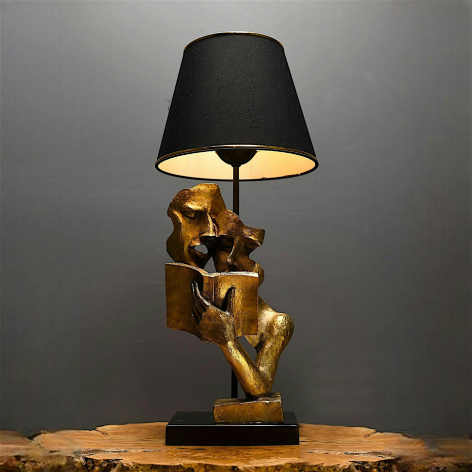 Lampe de salon décorative noire & or, visages et livre SILE